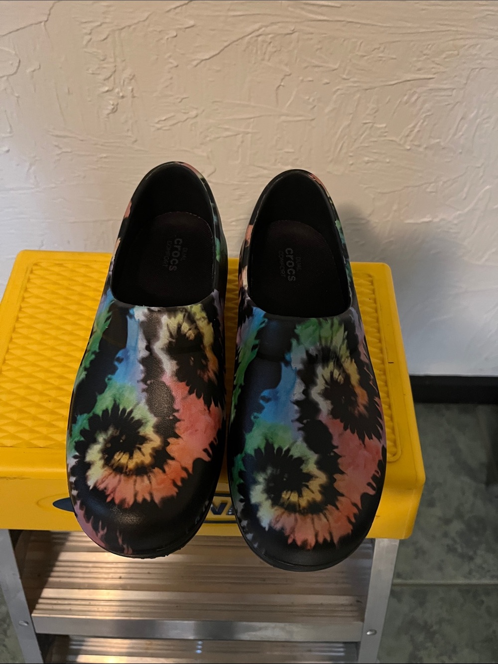 CROCS Tie-Dye Classic Clog Slip-Ons in Black with Rainbow Swirl